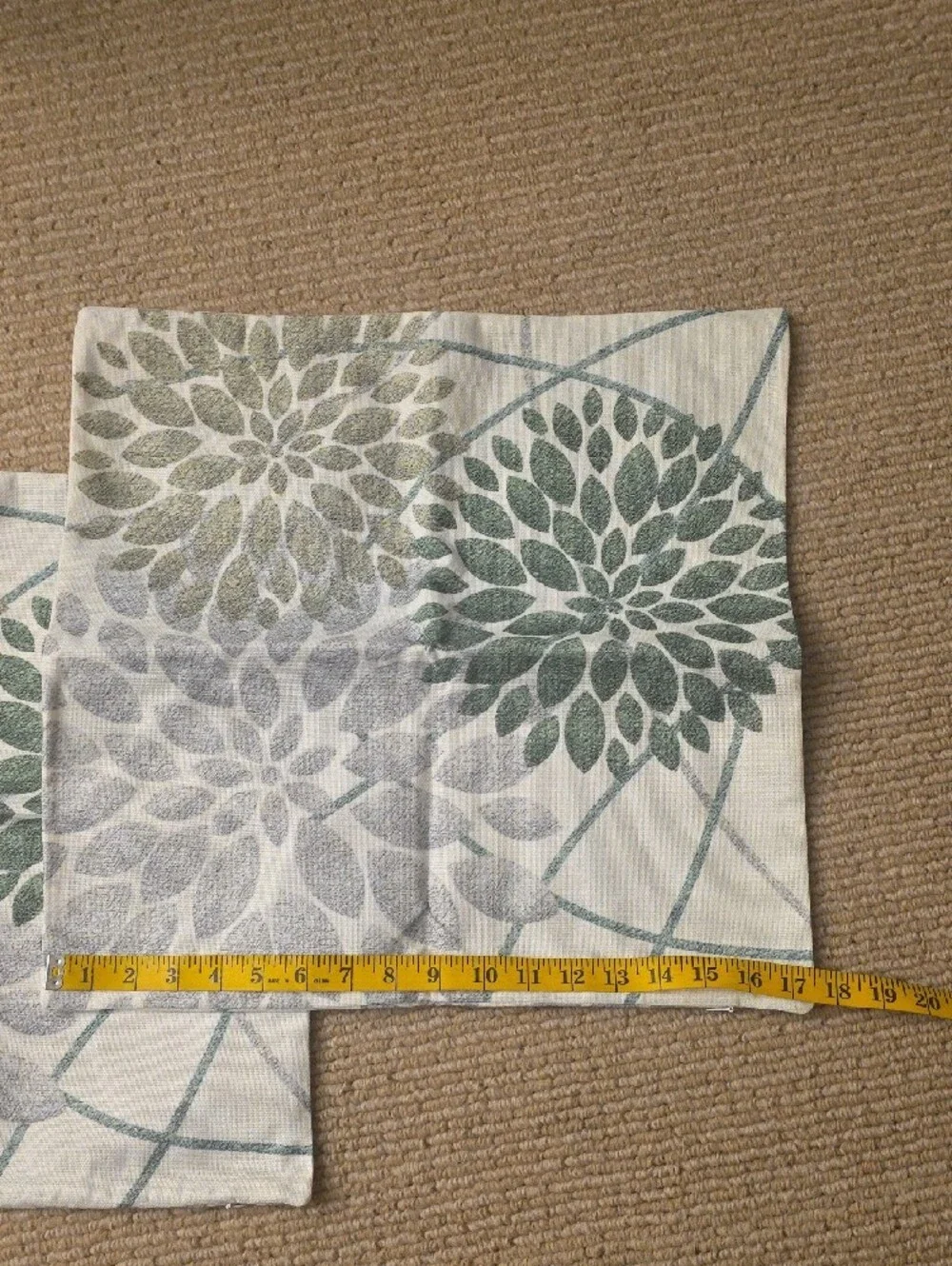 Floral Decorative Pillow Covers in White with Green and Gray Burst Pattern